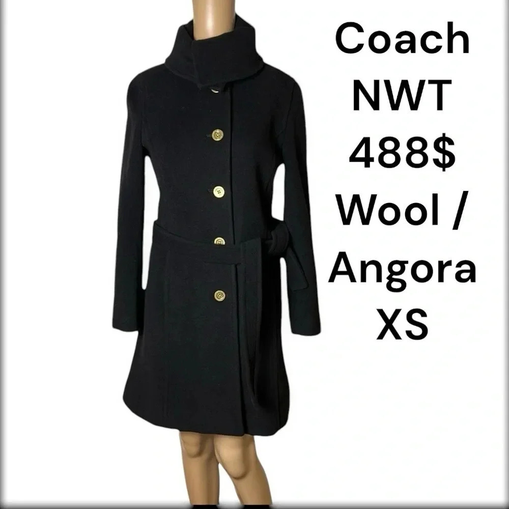 Coach black coat  NWT  Wool Angora  sz XS , Career,classic,luxury,fitted.